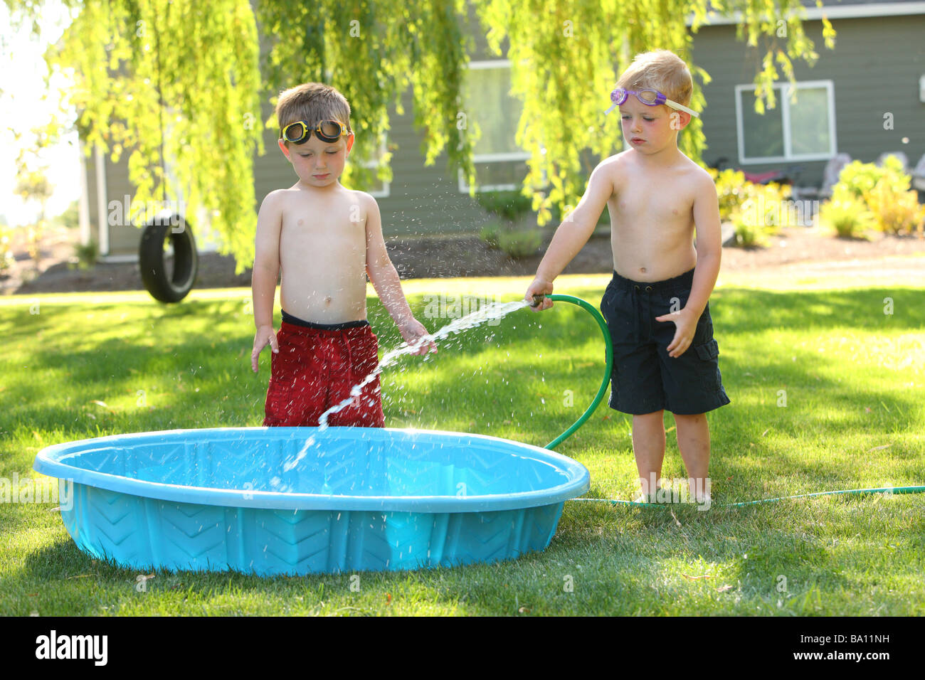 Young Boys Filling Swimming Pool Stock Photo Royalty Free Image