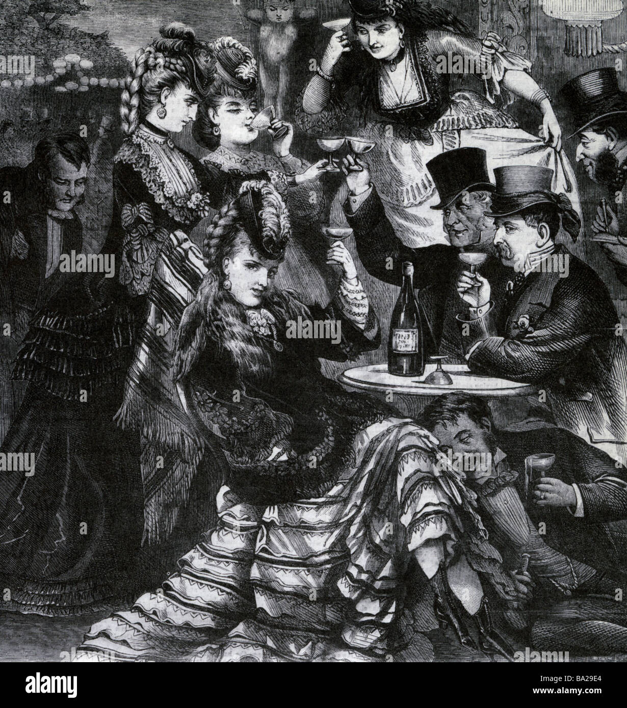 VICTORIAN DRINKERS Engraving of a drinking session at a London club