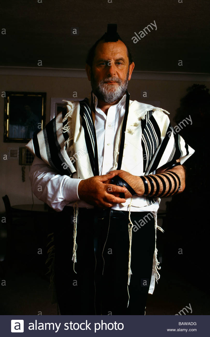 Jewish Man Putting On His Tallit Prayer Shawl Tefillin Kippah Stock