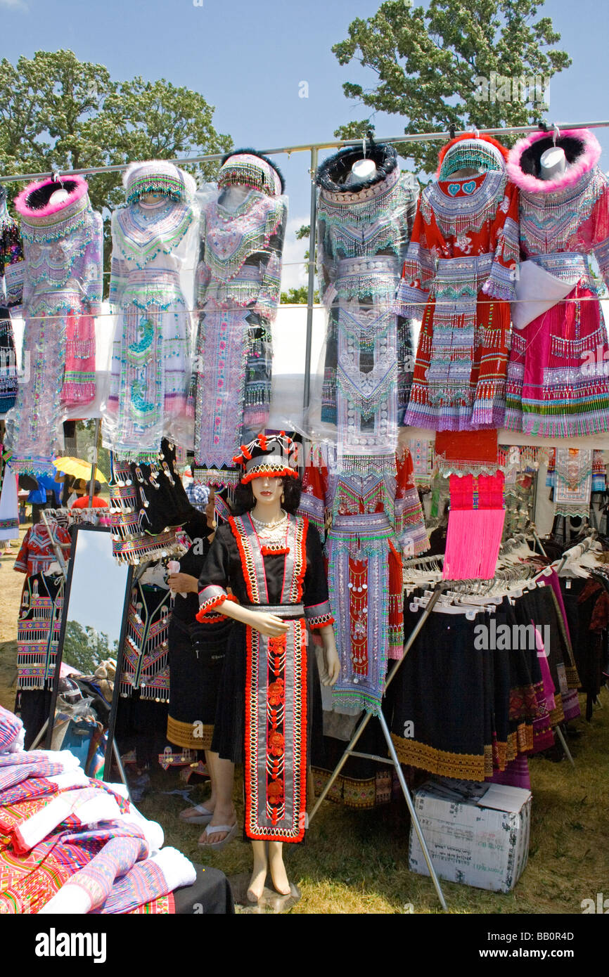 Mannequin fitted with traditional Hmong clothing at outdoor boutique