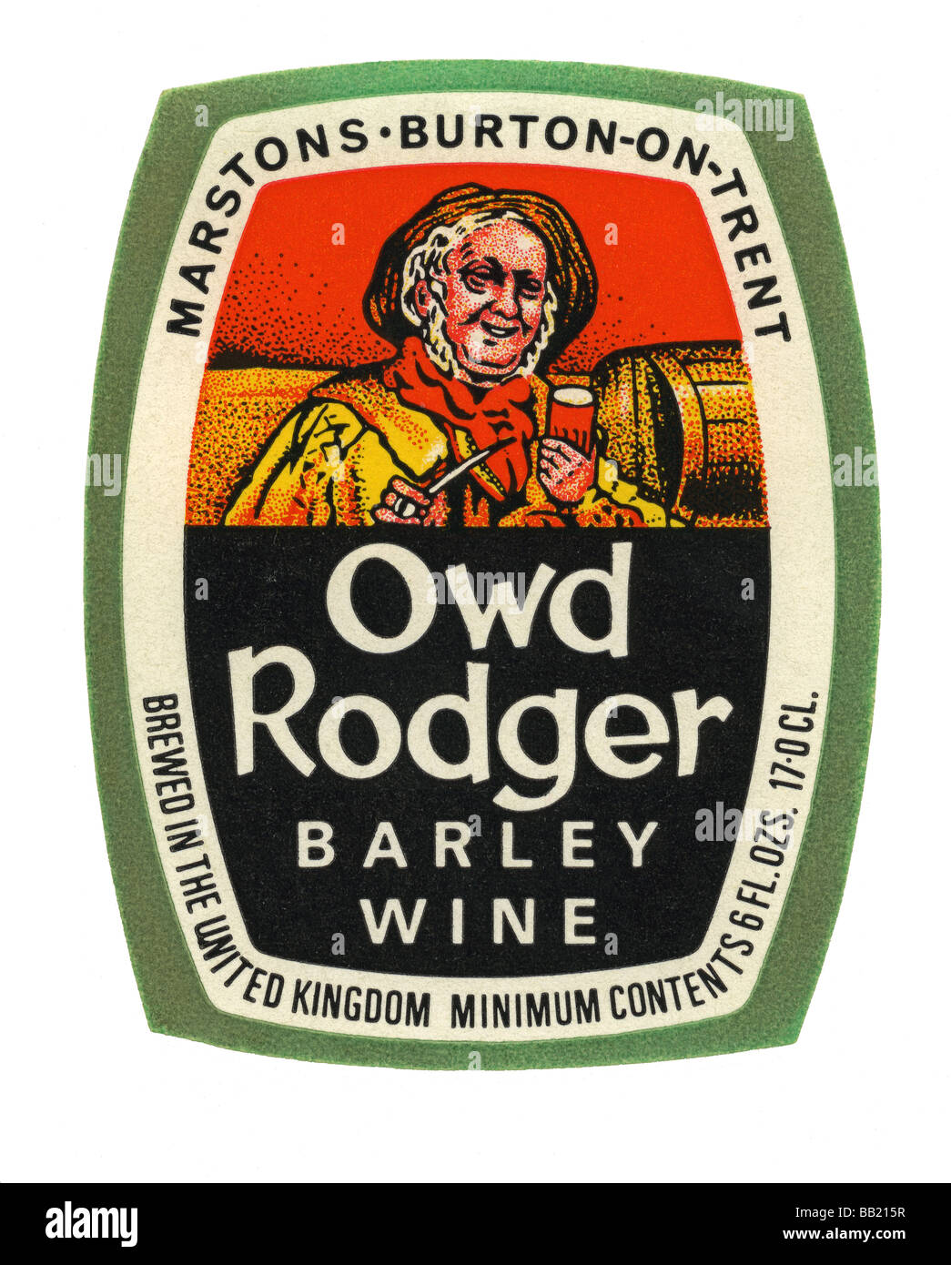 Old British beer label for Marston's Owd Rodger Barley Wine, Burton