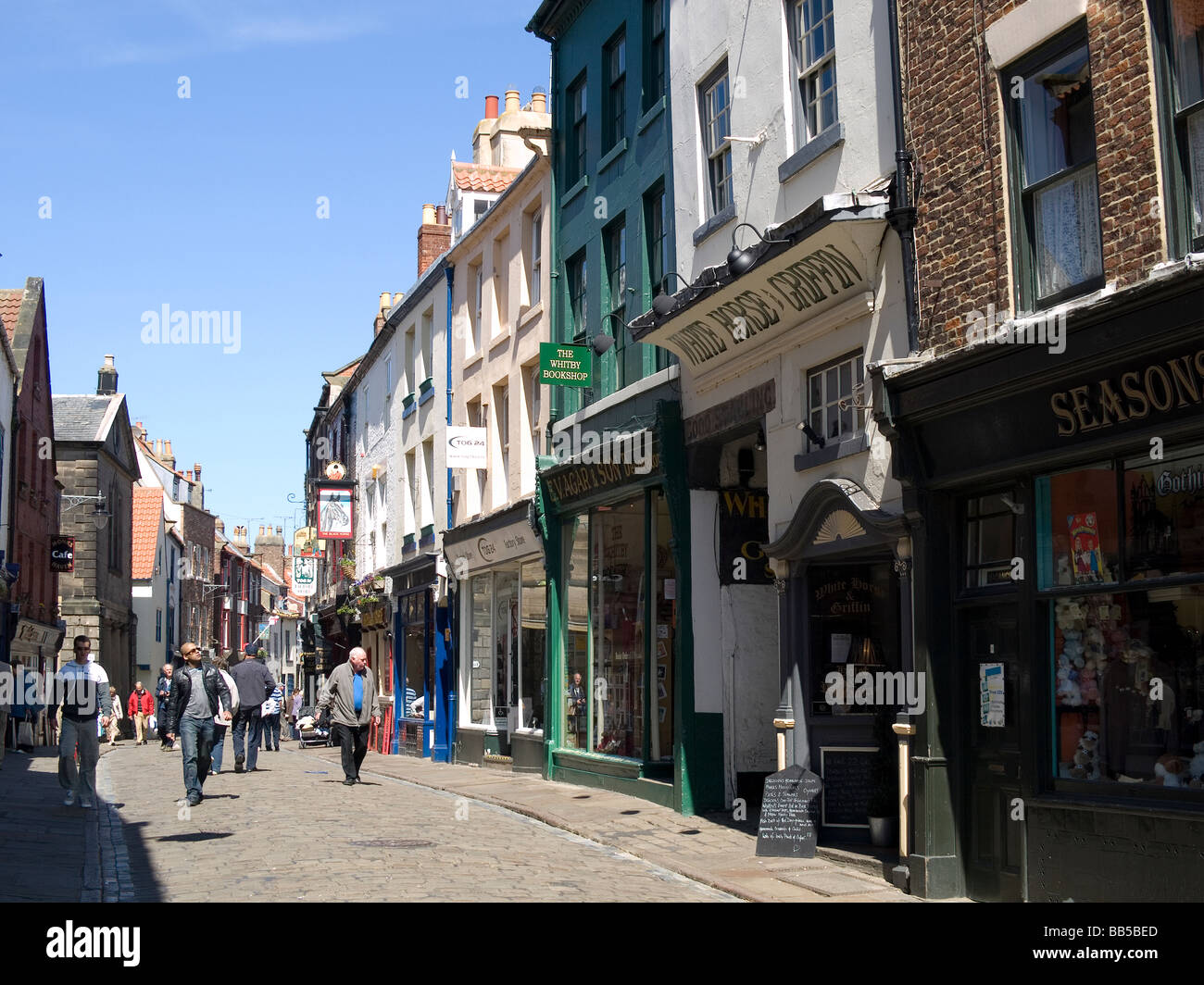 Historic pedestrianised Church Street in Whitby North Yorkshire UK