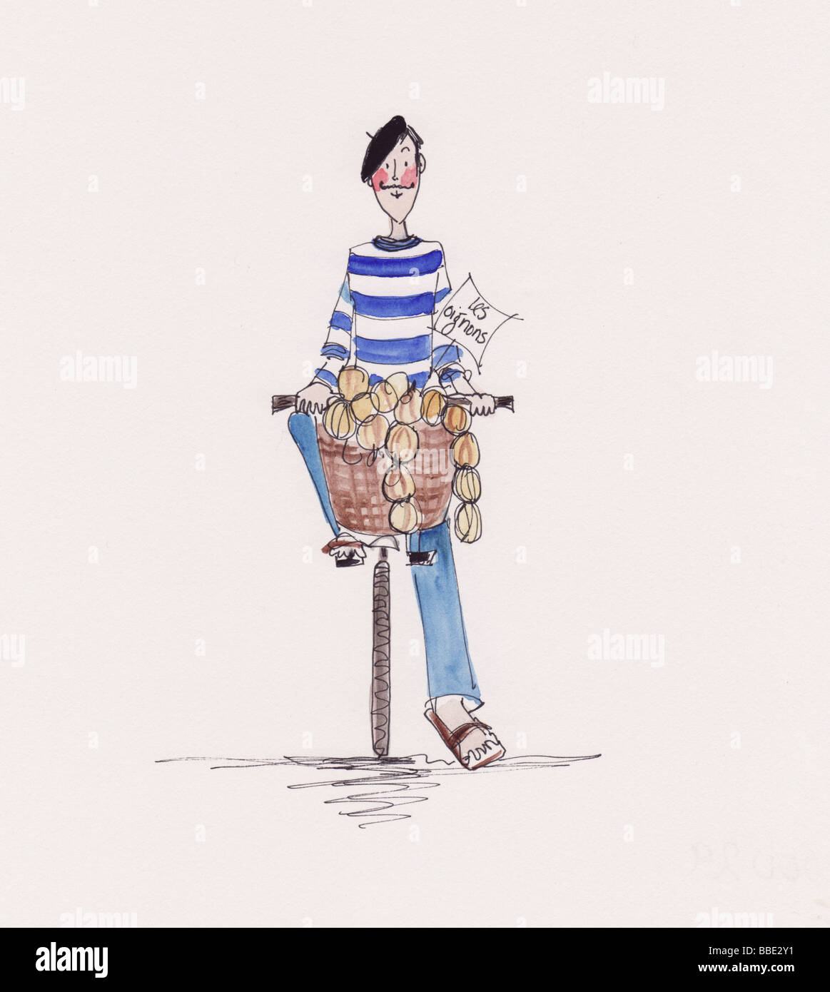 Watercolour illustration of a stereotypical French onion seller on a