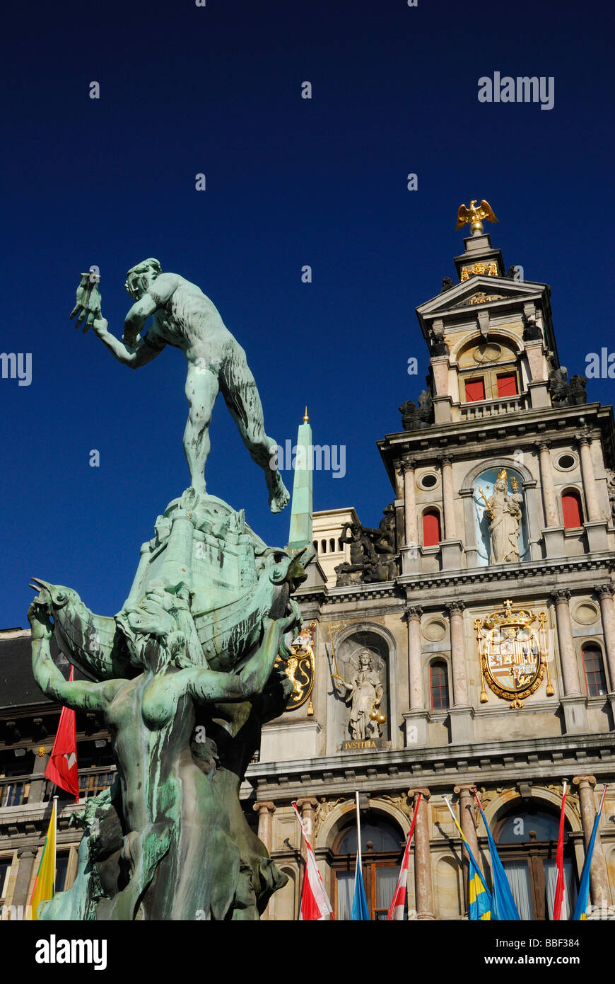 Statue of Brabo and the giant's hand, Antwerp city hall, Grote Markt Stock Photo, Royalty Free