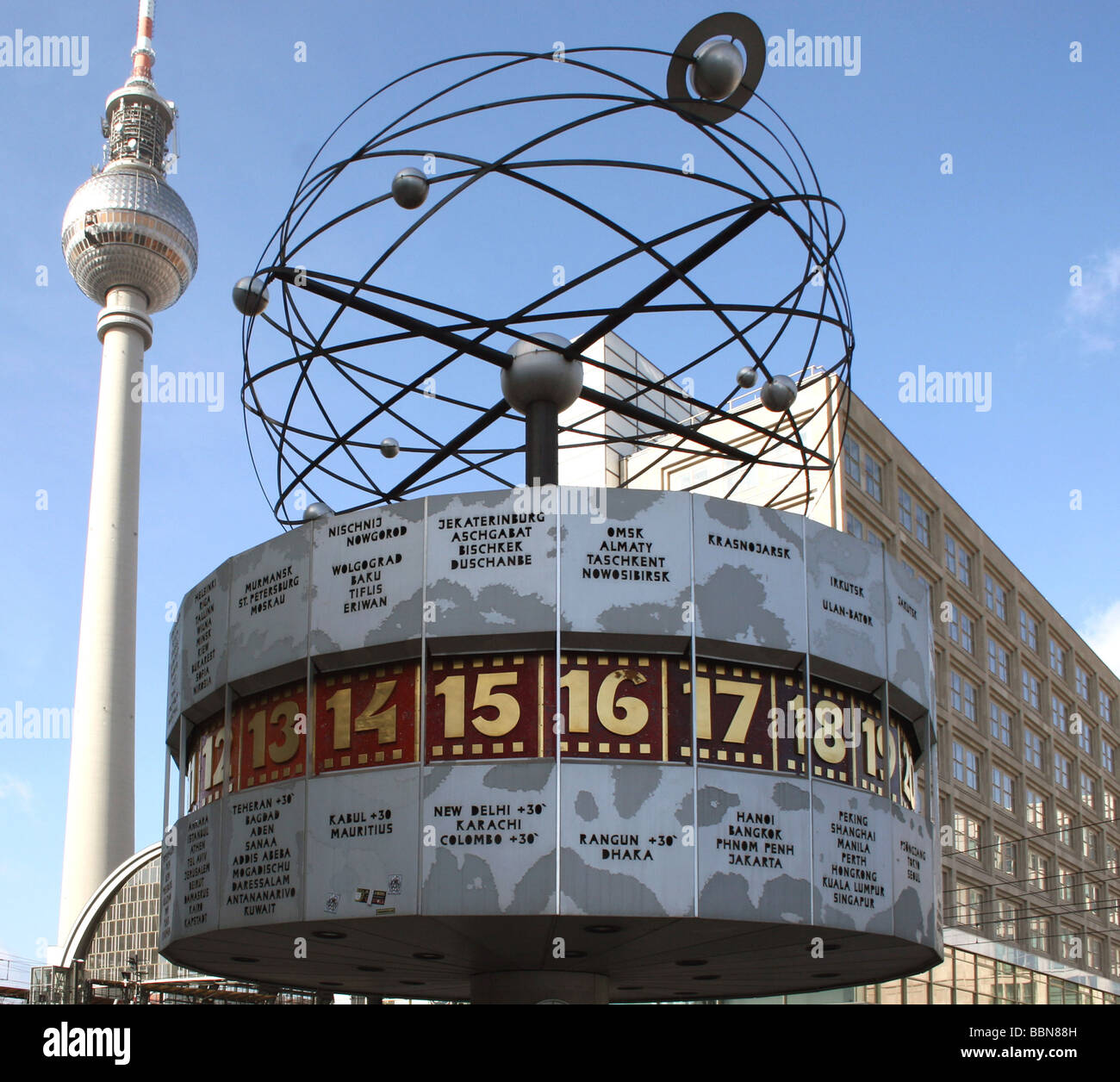 clocks, world clock at Alexanderplatz, Berlin, made by Rathenower Stock Photo, Royalty Free
