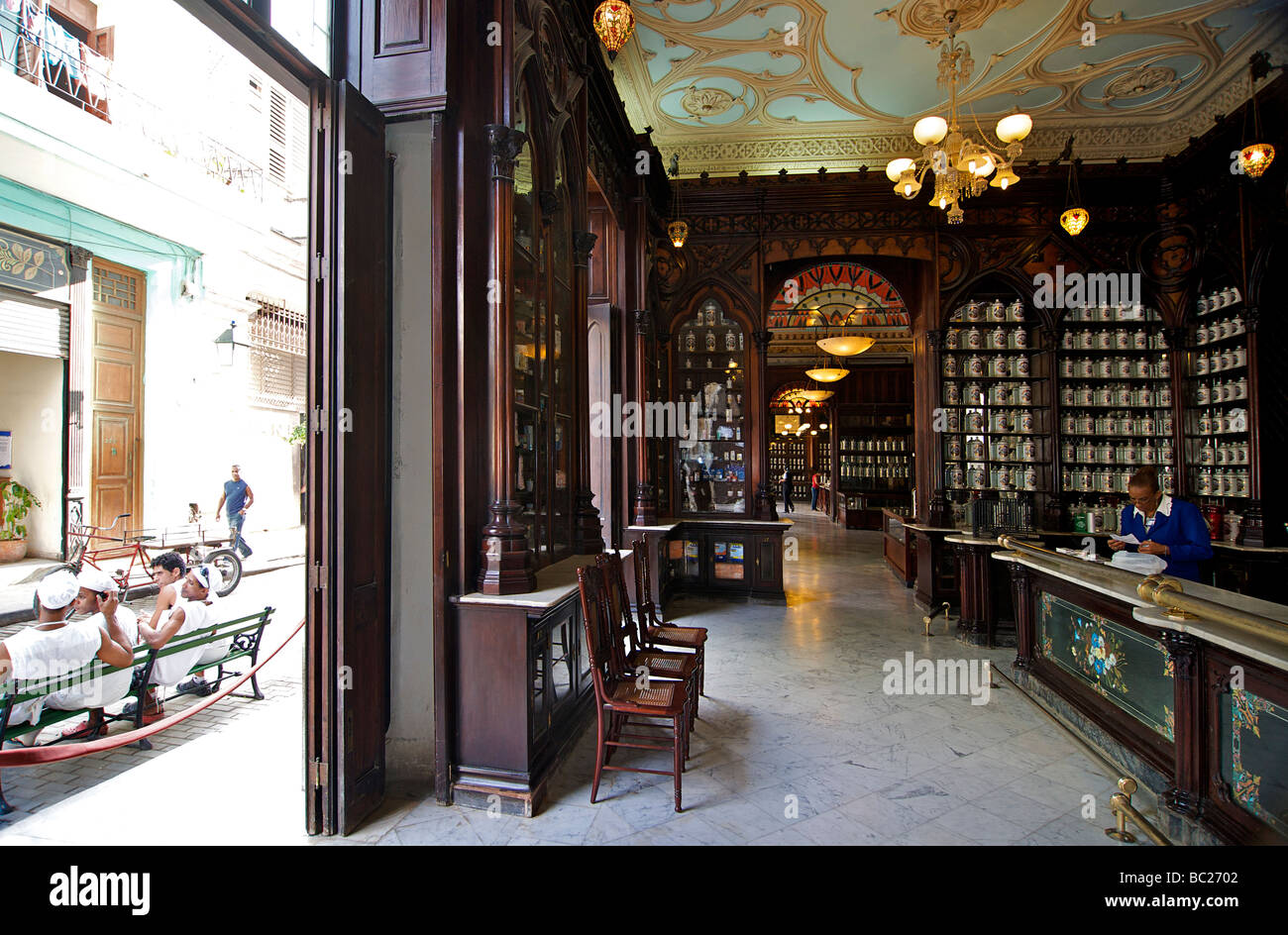 Restored pharmacy in Old Havana. Farmacia Taquechel Calle Obispo Stock