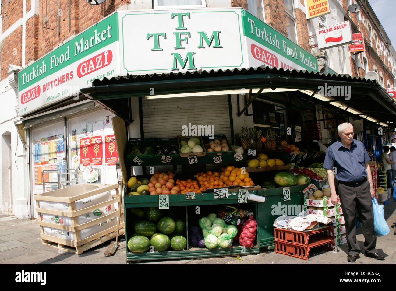 Turkish Food Market on Green Lanes in Haringey, London, UK Stock Photo