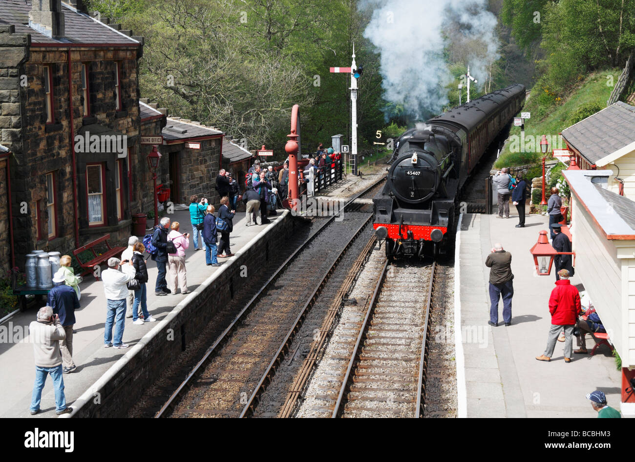 North Yorkshire Moors Railway Steam Train Arriving At Goathland Stock