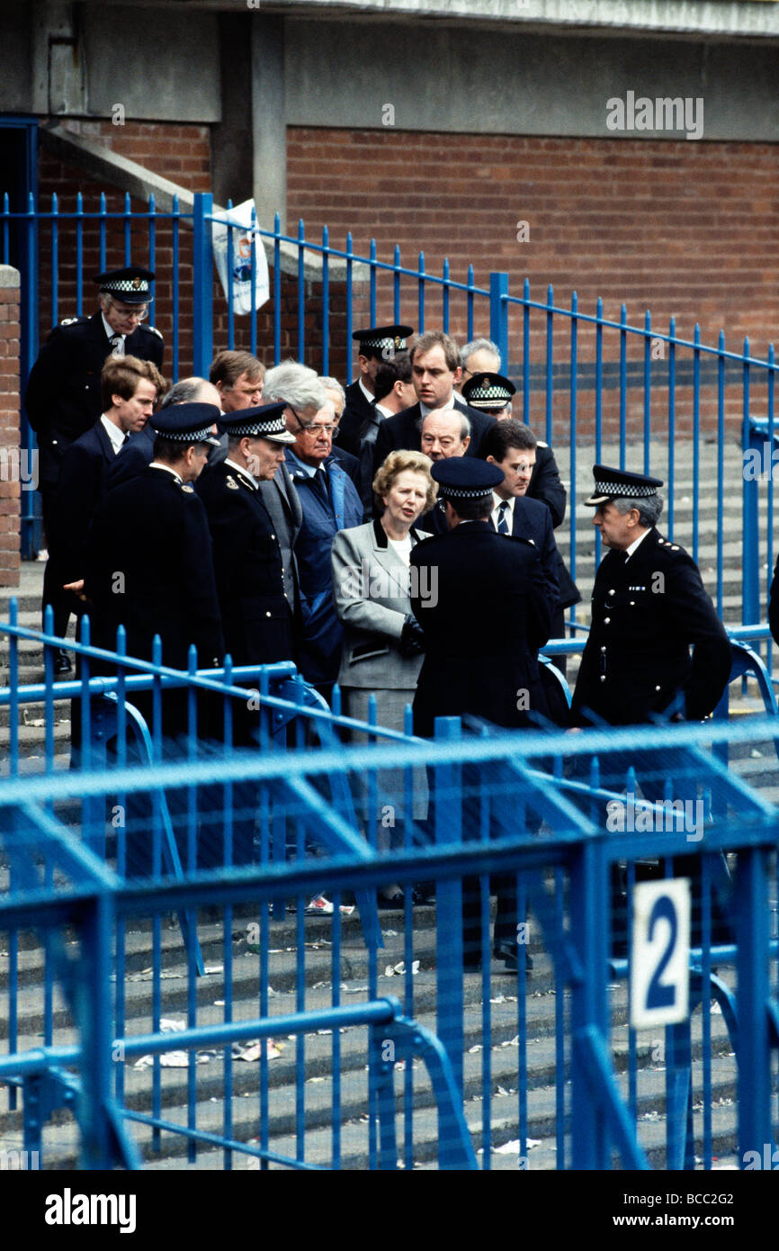 Prime Minister Margaret Thatcher visits the Hillsborough Football Stock