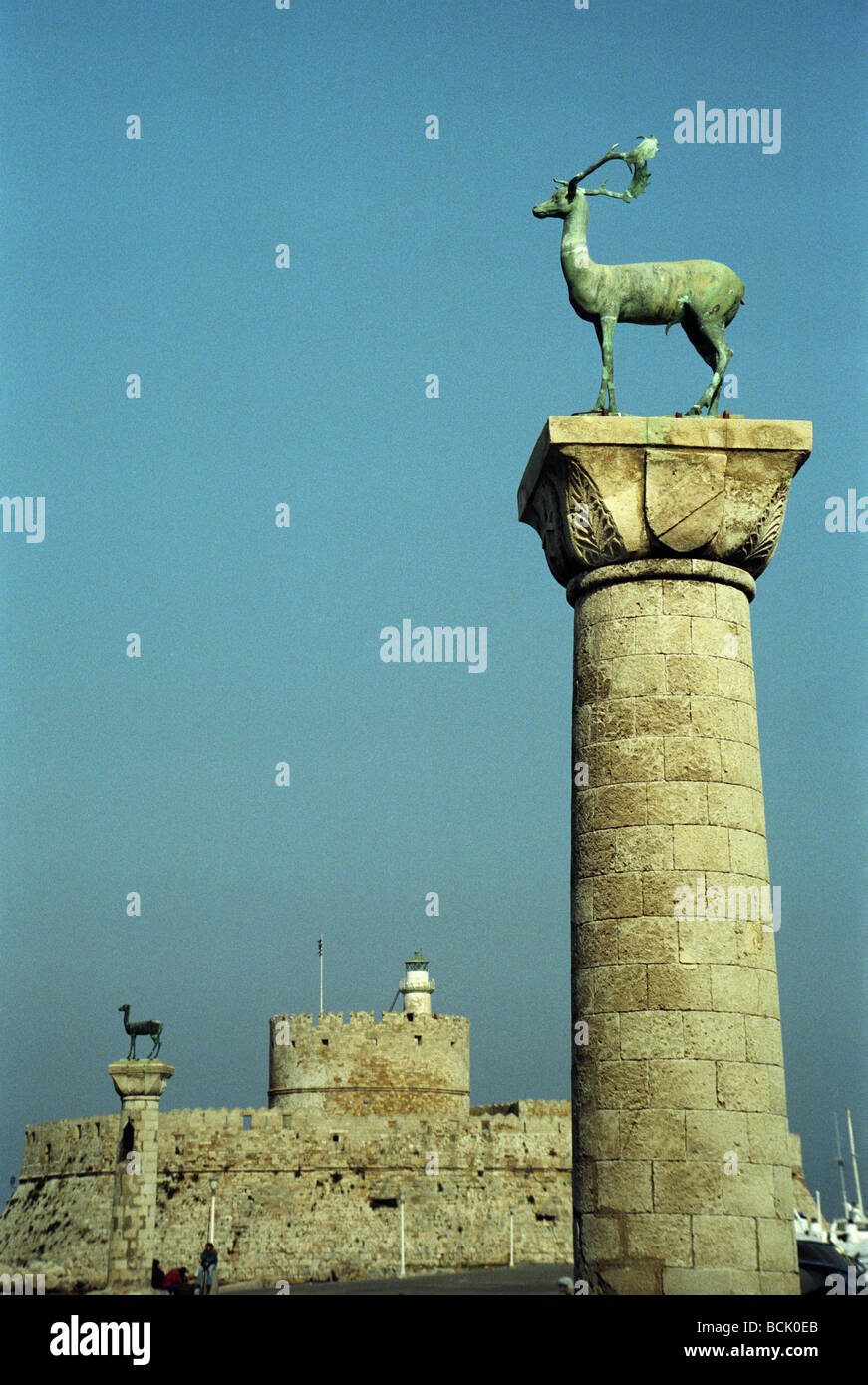 Rhodian Deer Statues Guarding Mandraki Harbour Rhodes Greece Stock Photo, Royalty Free Image
