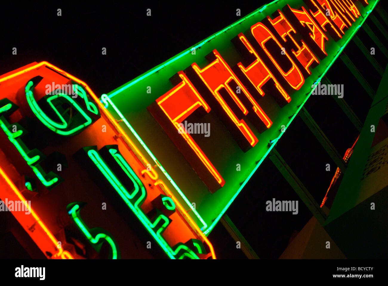 Hotel neon sign in Deira, Dubai, UAE at night Stock Photo, Royalty Free