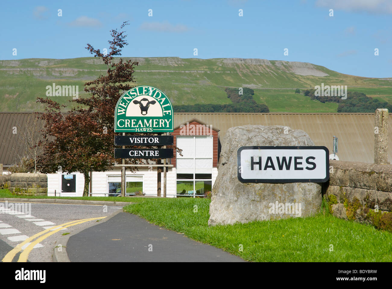 Sign for the Wensleydale Creamery, in Hawes, Wensleydale, Yorkshire Stock Photo, Royalty Free