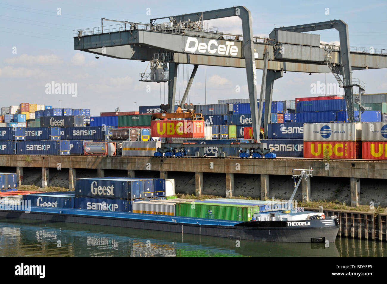 Cargo Ship Is Being Loaded Inland Port In Duisburg North Rhine