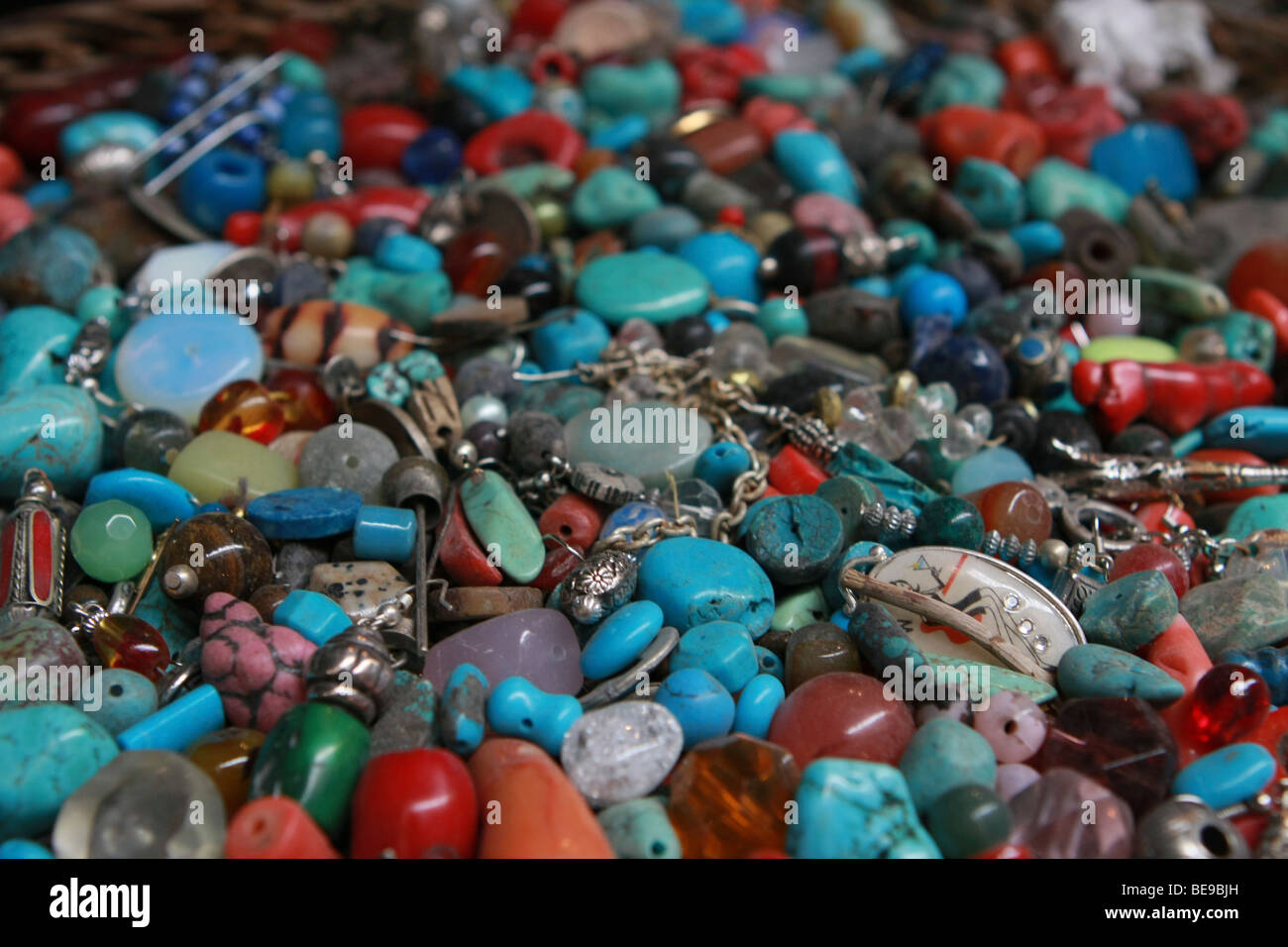 a pile of beads, Jewelry and trinkets in a flea market Stock Photo