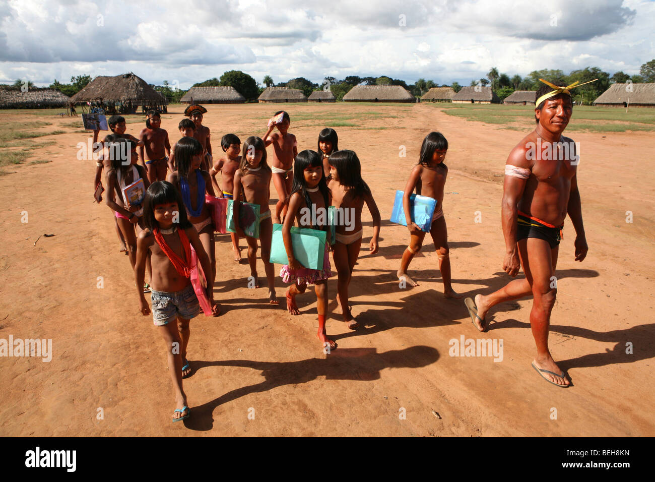 Children of the Xingu Indian go to school built in the village by the