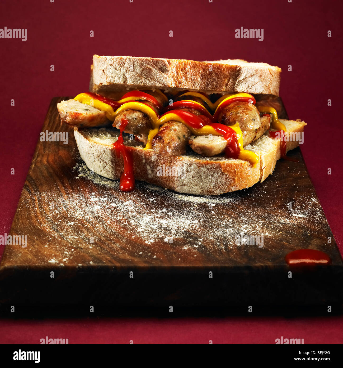 Sausage sandwich with ketchup and mustard Stock Photo, Royalty Free