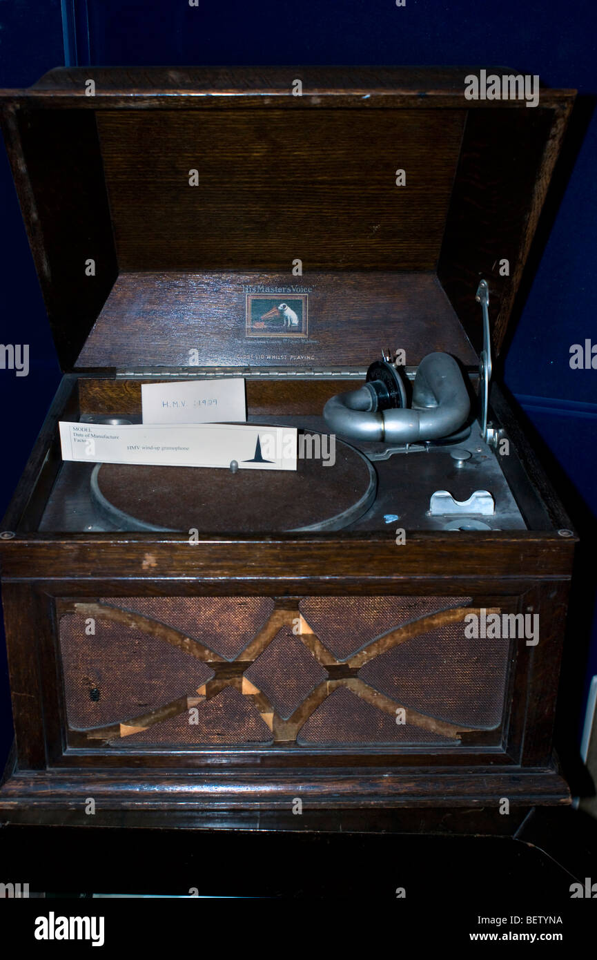 An old gramophone record player (His Masters Voice) exhibited in the