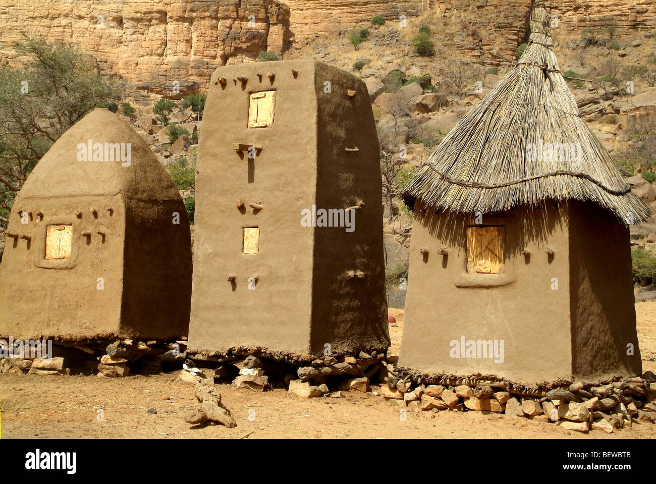 Three traditional grain silos at the Dogon village of Songho, Mali