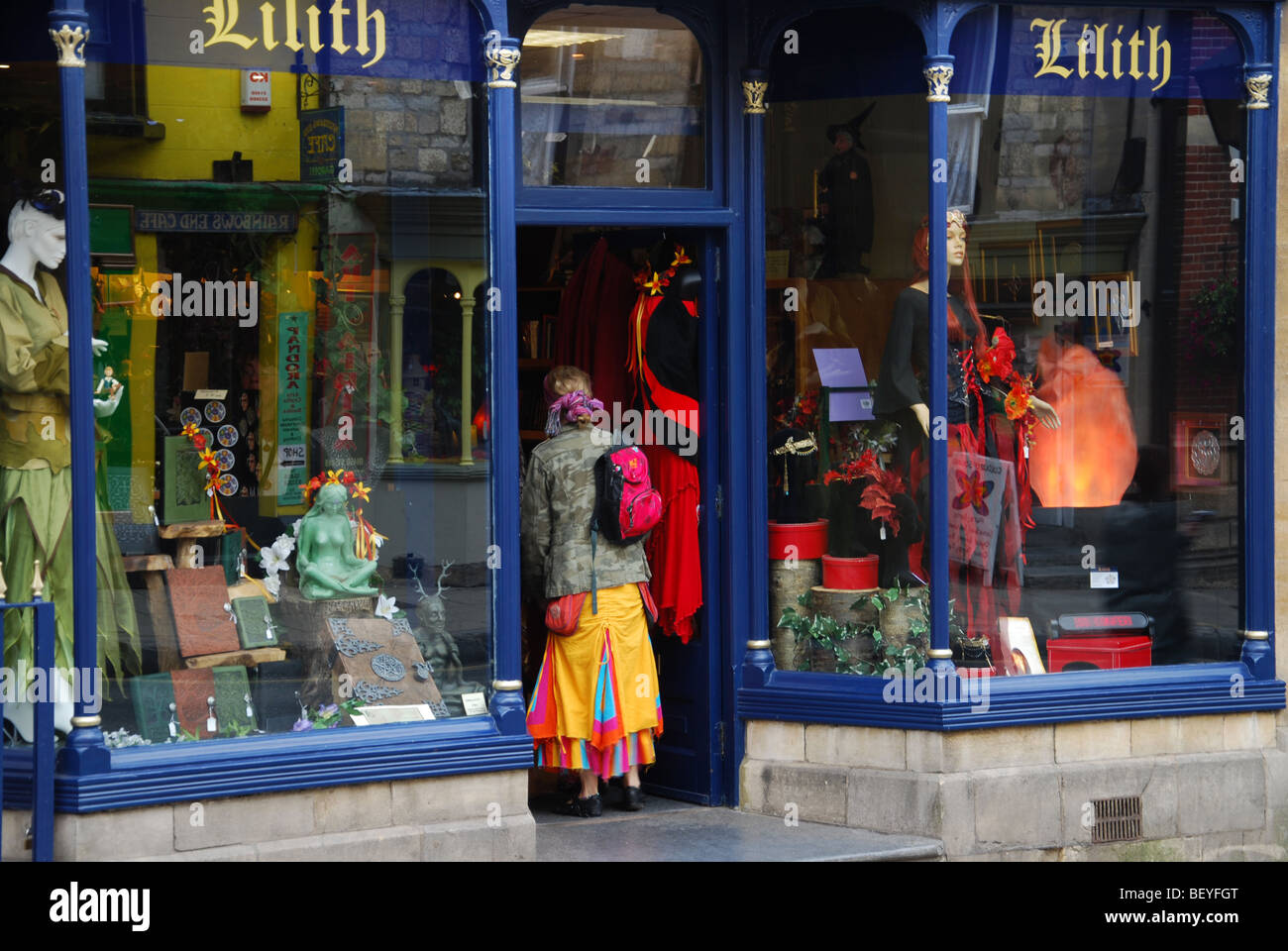 Colourful shop front in Glastonbury High Street Somerset England Stock