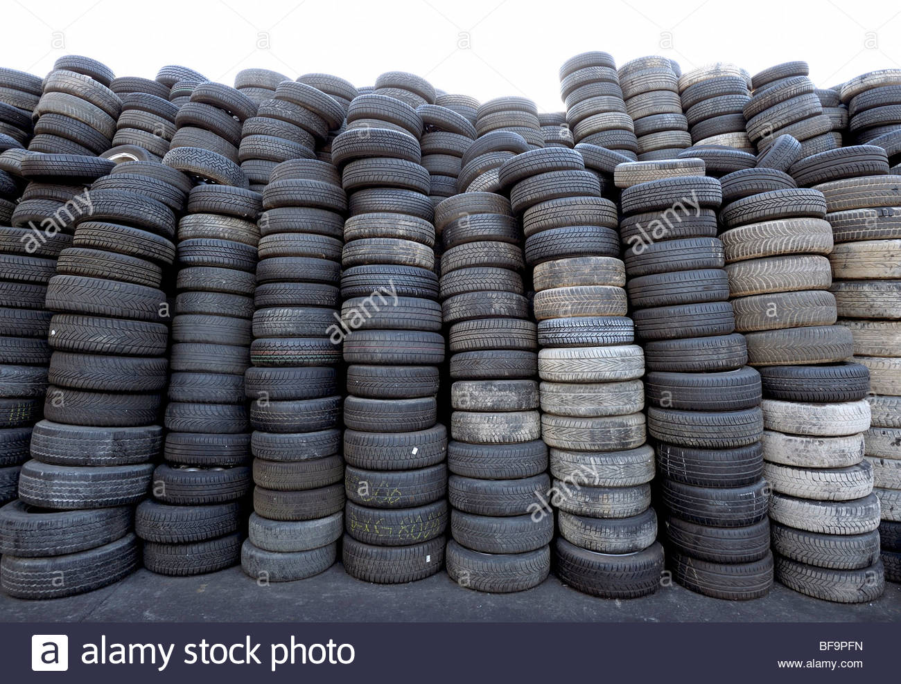 DEU, GERMANY Old tyres / tires on a scrapyard / junkyard Stock Photo