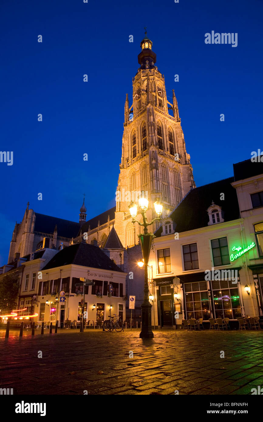 Evening in the Dutch city of Breda. The tower of the Grote Kerk is