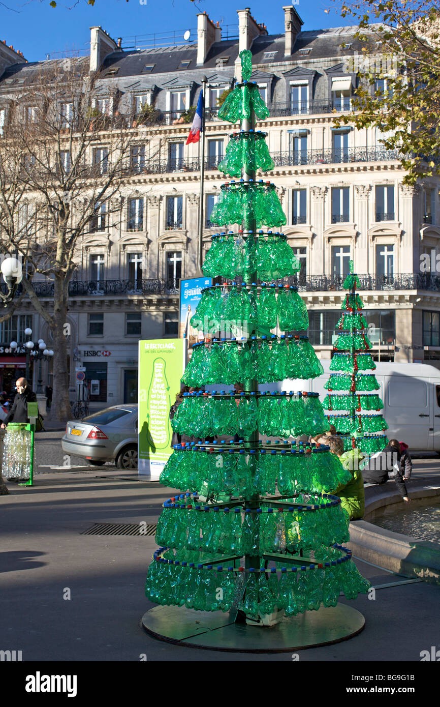 Christmas tree made from recycled green plastic bottles in Paris Stock Photo, Royalty Free Image ...