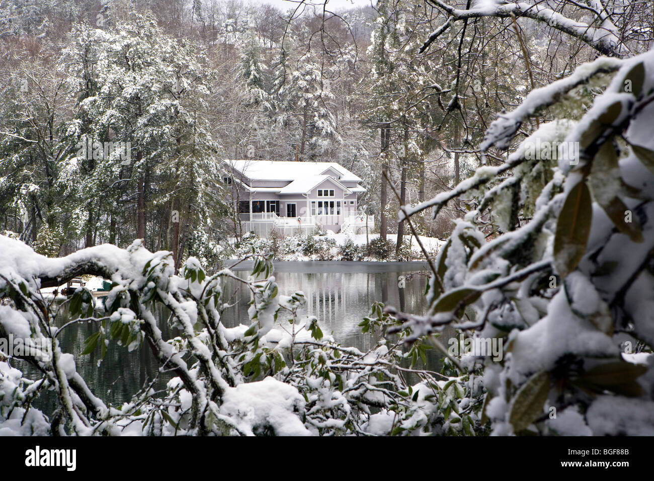 Lake house through the trees in winter Brevard, North Carolina USA