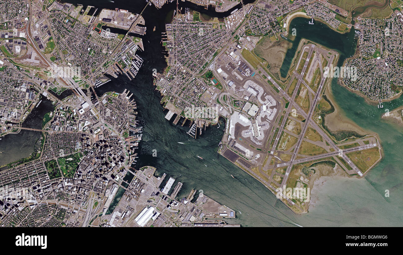 aerial map view above downtown Boston harbor and Logan International