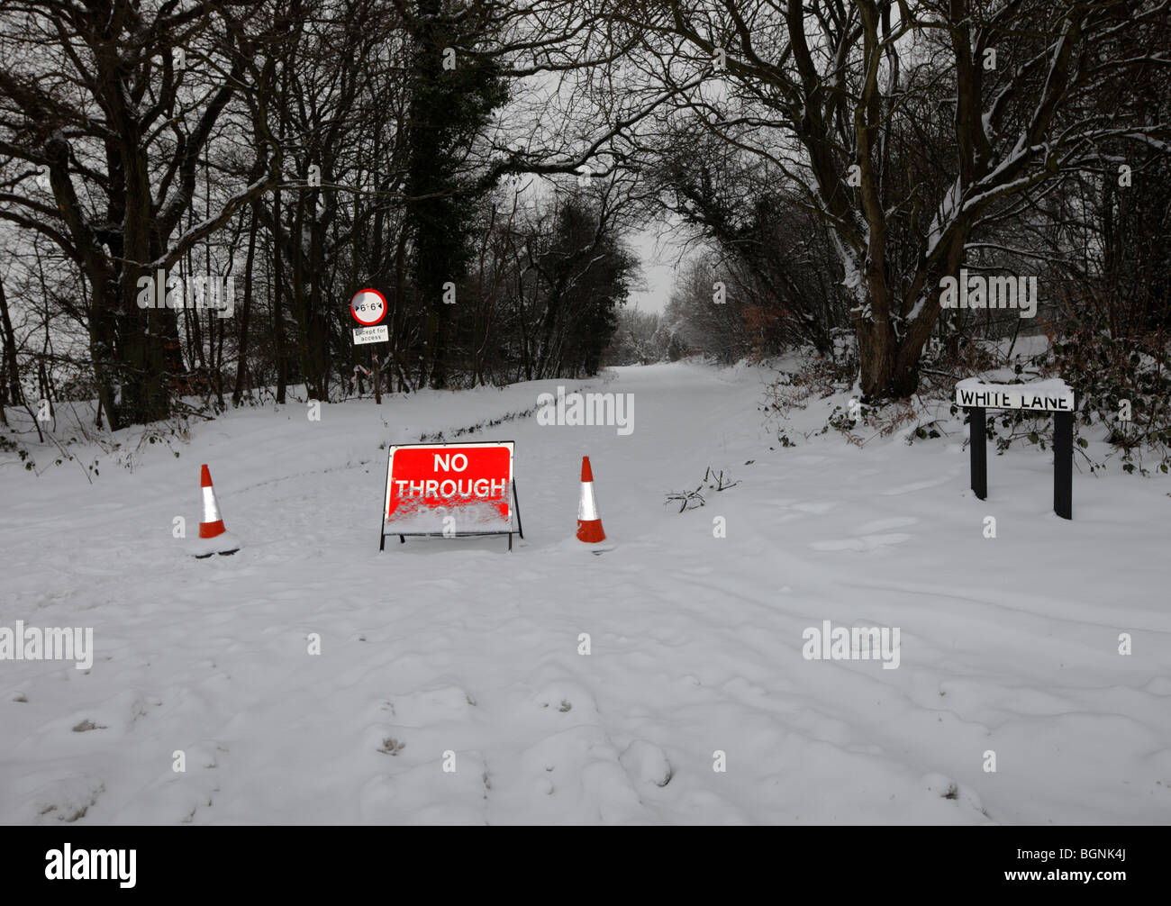 Country road closed due to snow Stock Photo, Royalty Free Image