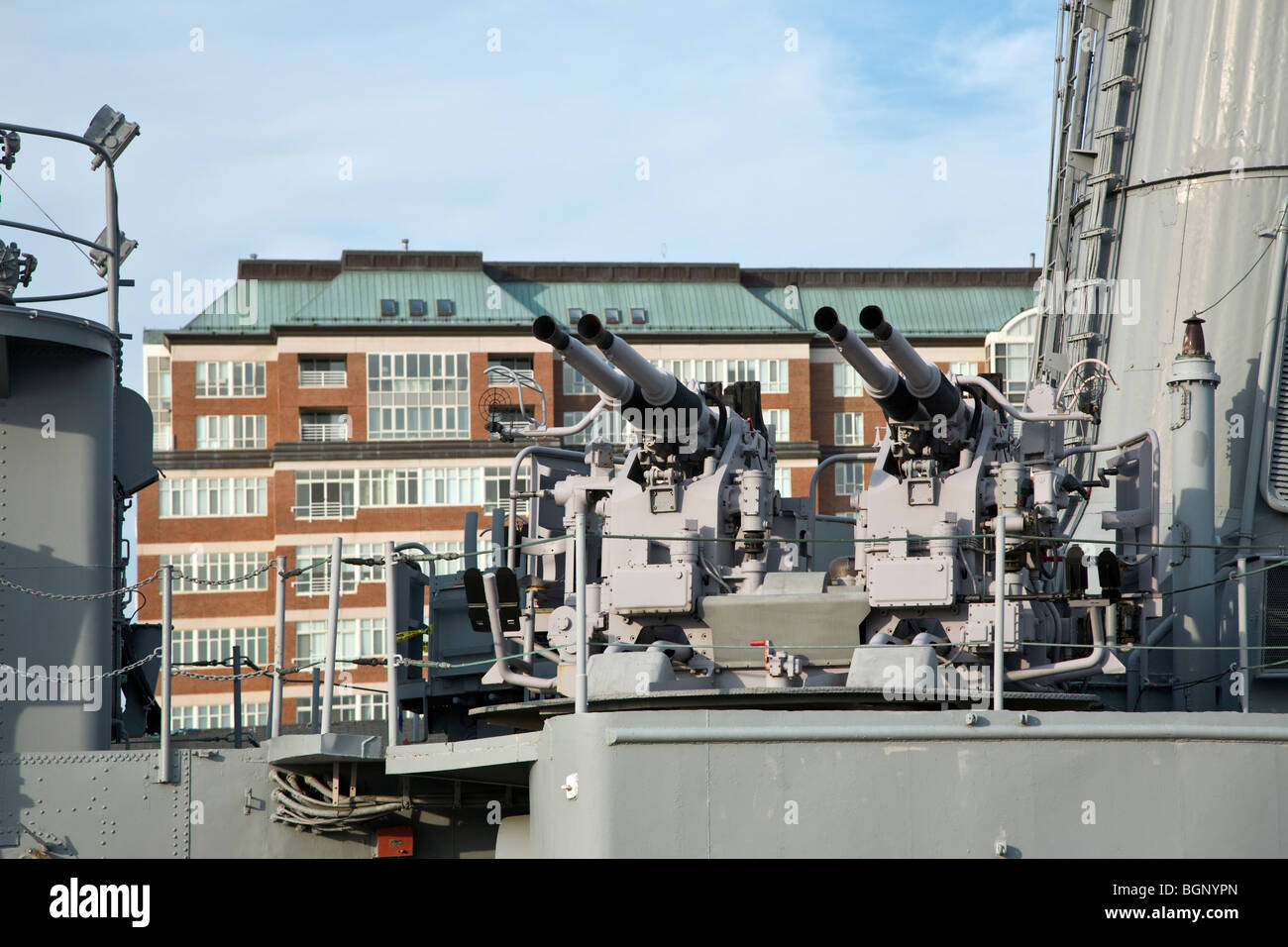 Artillery guns on a WORLD WAR ll Fletcher Class Destroyer, the USS
