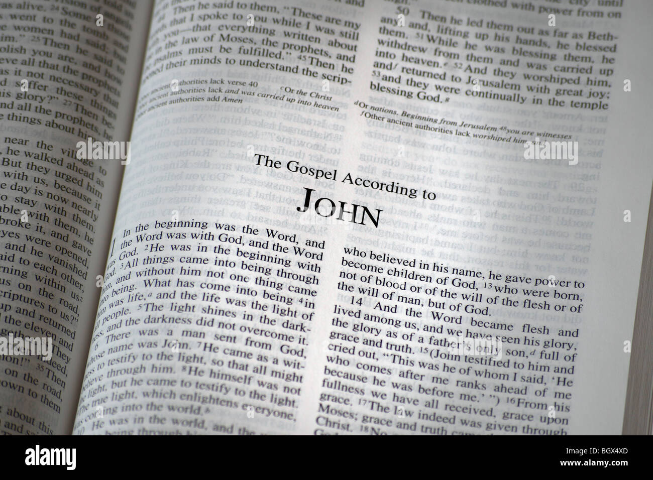 The Bible opened to the book of John Stock Photo, Royalty Free Image