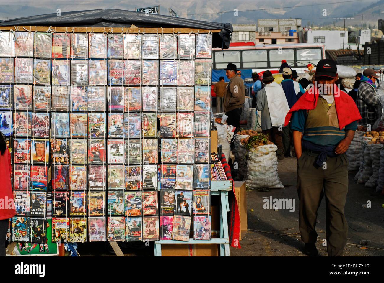 Ecuador; Saquisili; view of DVDs displayed at a market stall with Stock