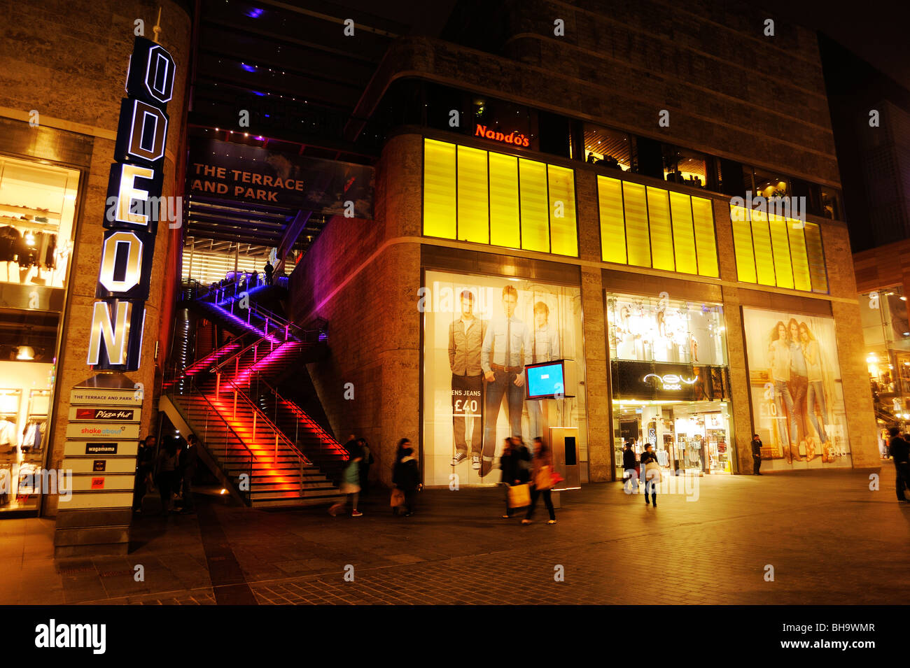 Shops in Paradise Street in Liverpool city centre next to a staircase