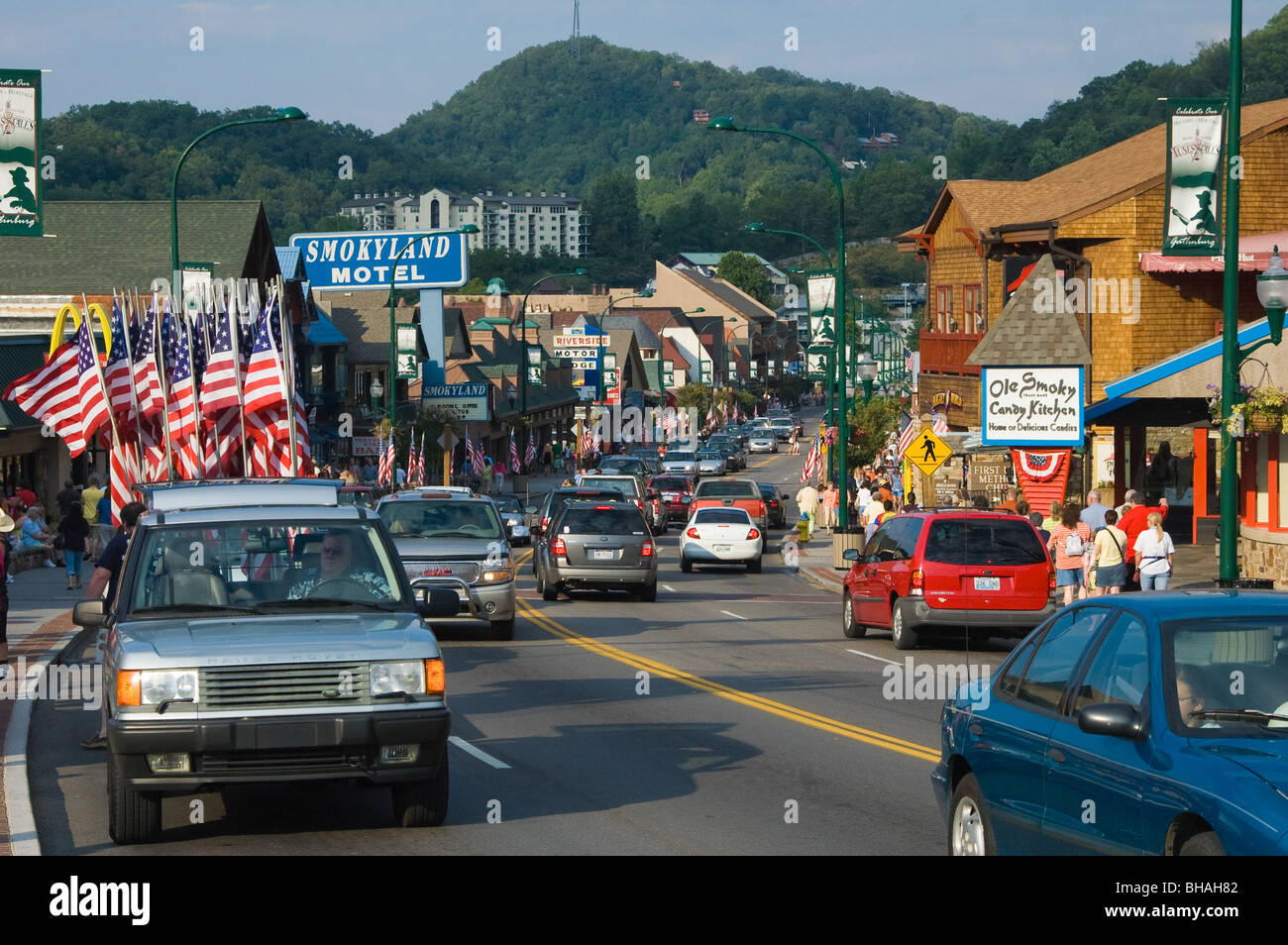 Main street (Parkway) in Gatlinburg, Tennessee, on July 4 weekend Stock