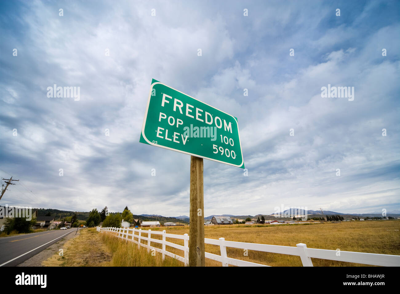Town Sign Freedom Wyoming Idaho border town. Population 100 Stock Photo