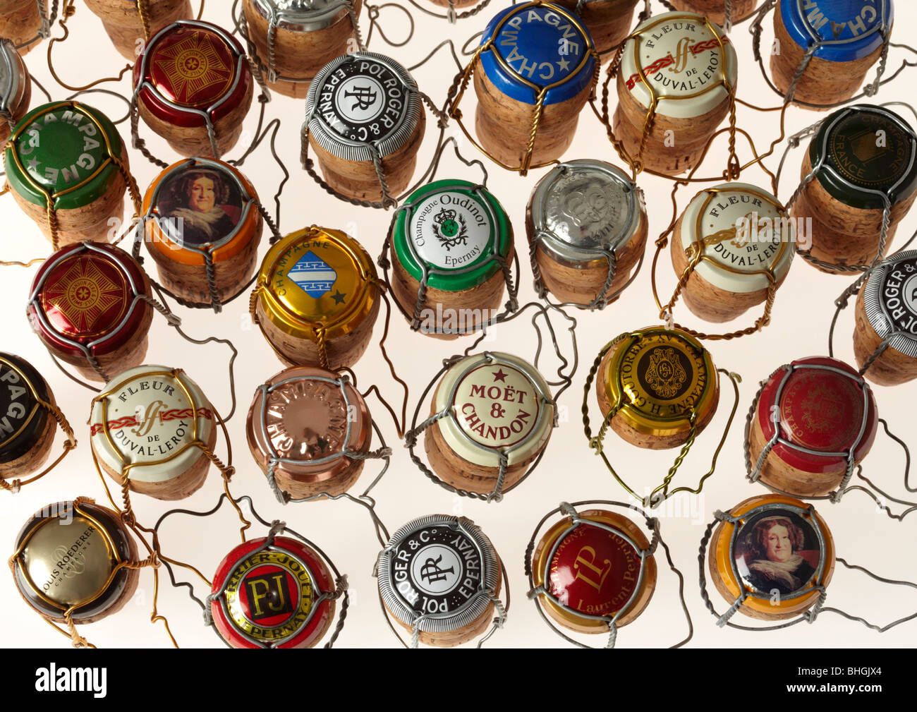 Selection of Champagne corks with their wire cages and caps Stock Photo