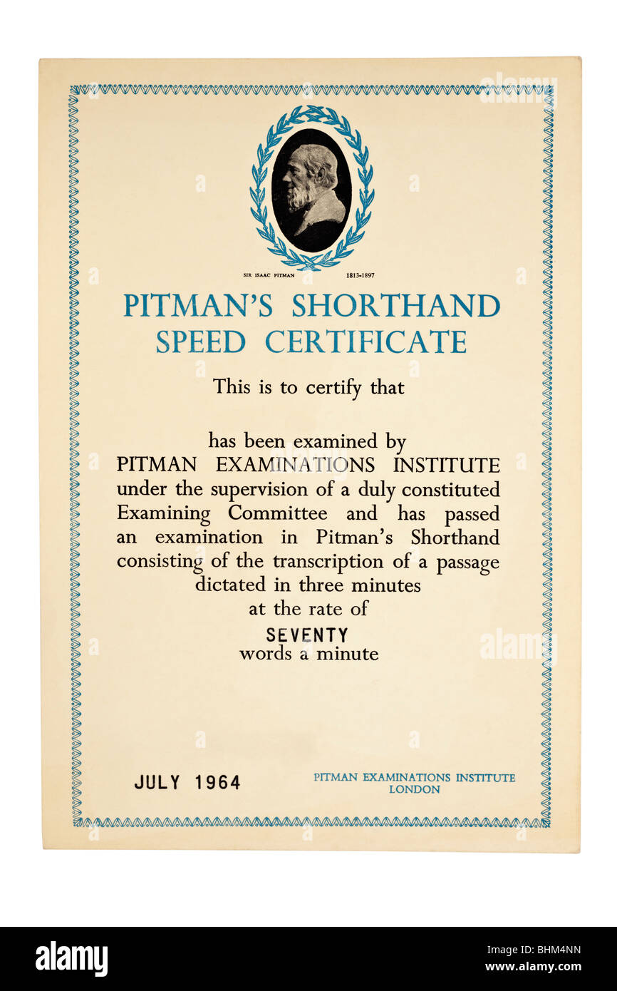 Pitman's examinations institute certificate for shorthand speed of