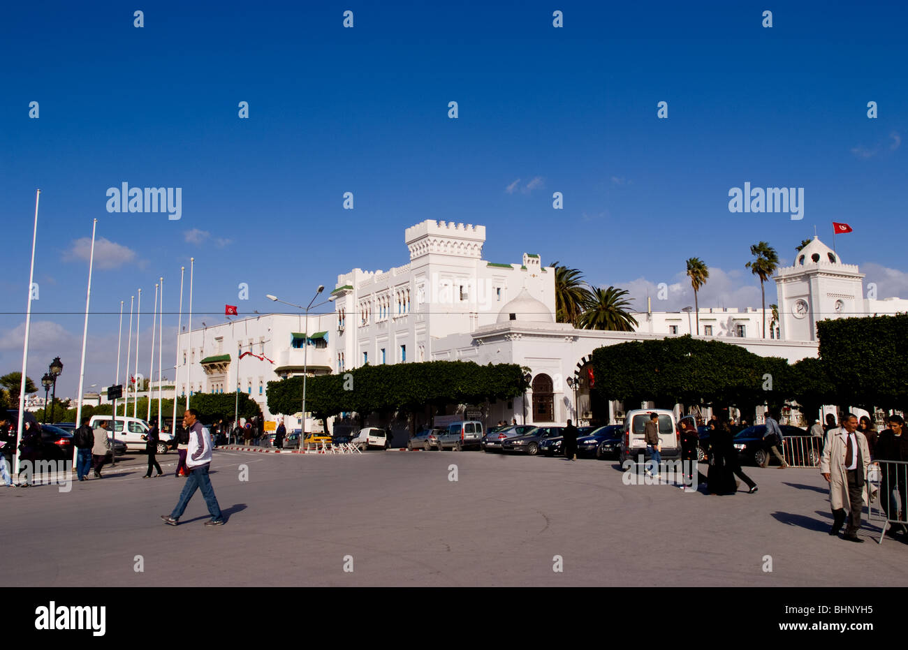 Main Square with white government building in Tunis Tunisia in Stock Photo, Royalty Free Image