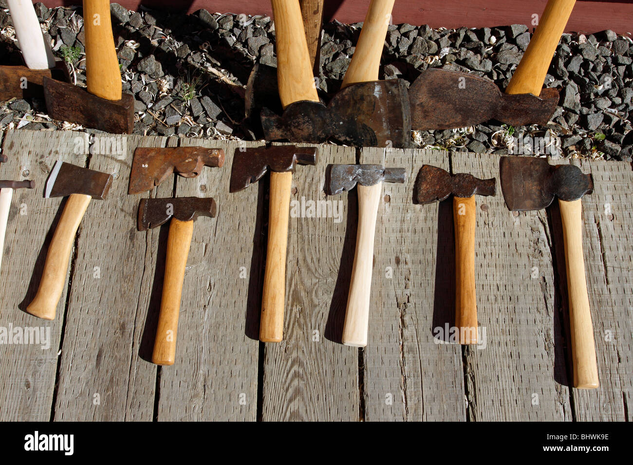 a collection of antique hatchets Stock Photo, Royalty Free Image