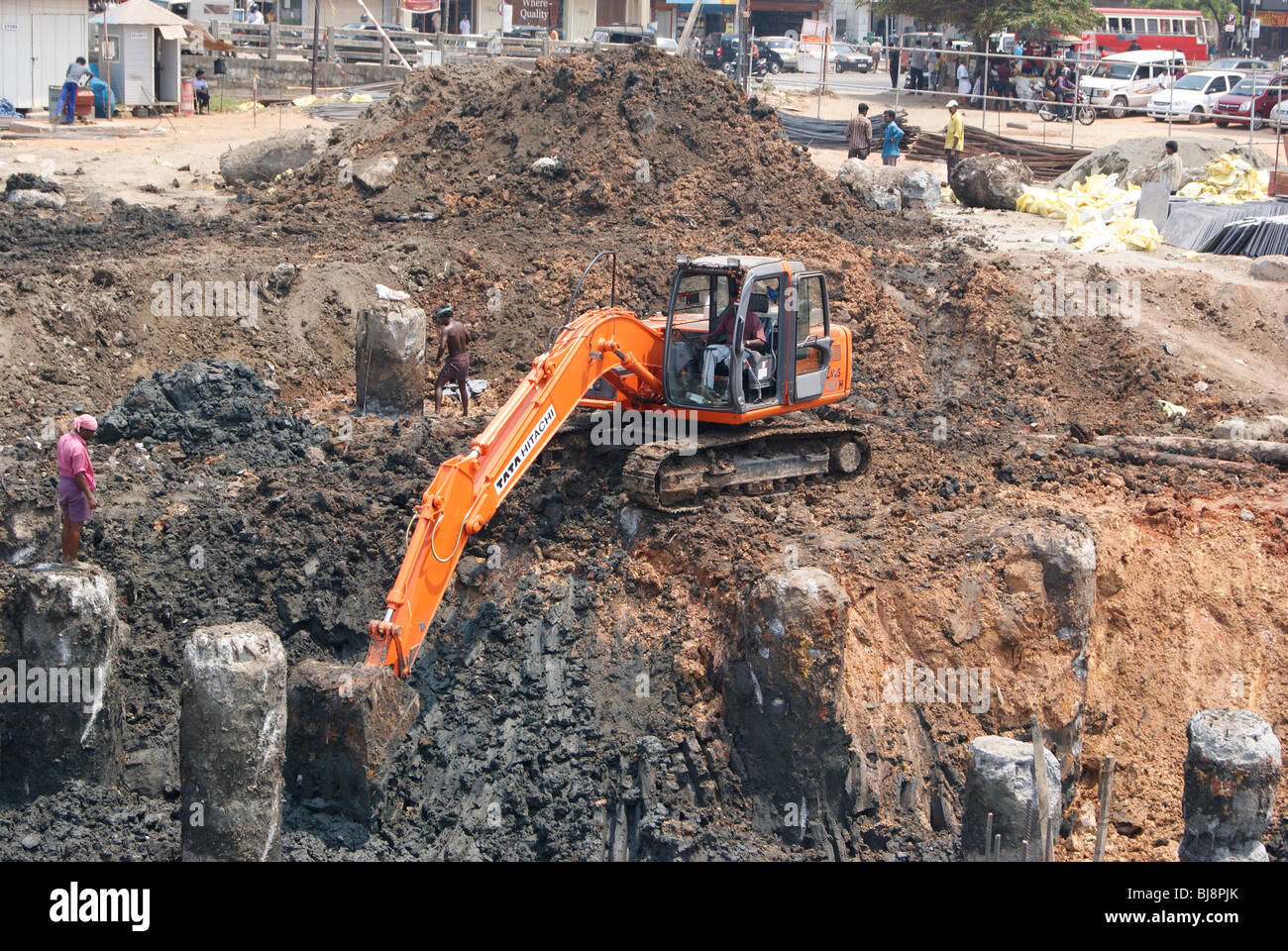 Environmental Impact and Hazards.Deeply Excavating soil for Stock Photo