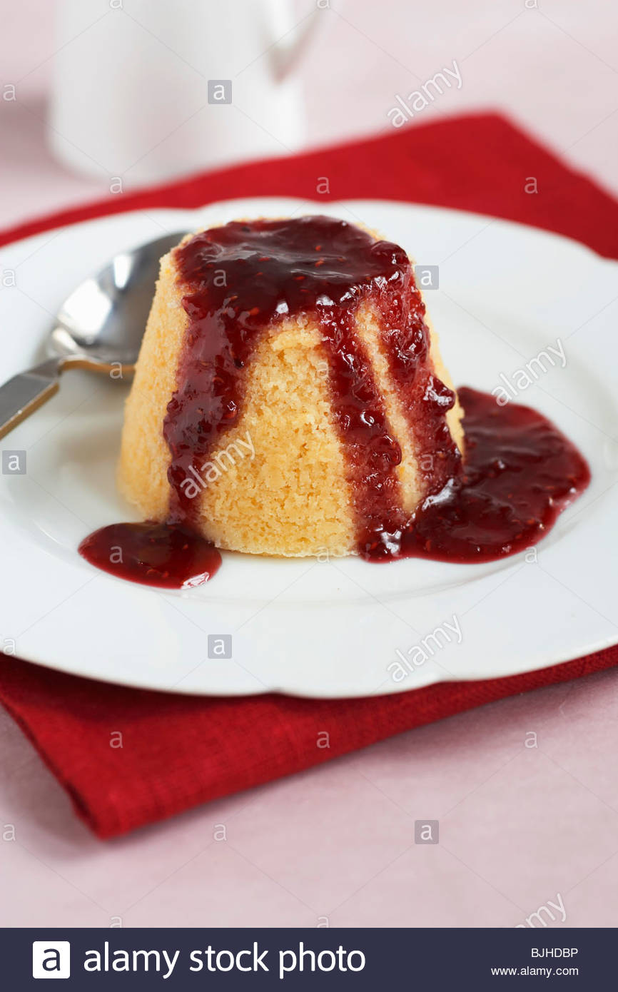 Bread pudding with strawberry jam Stock Photo, Royalty Free Image