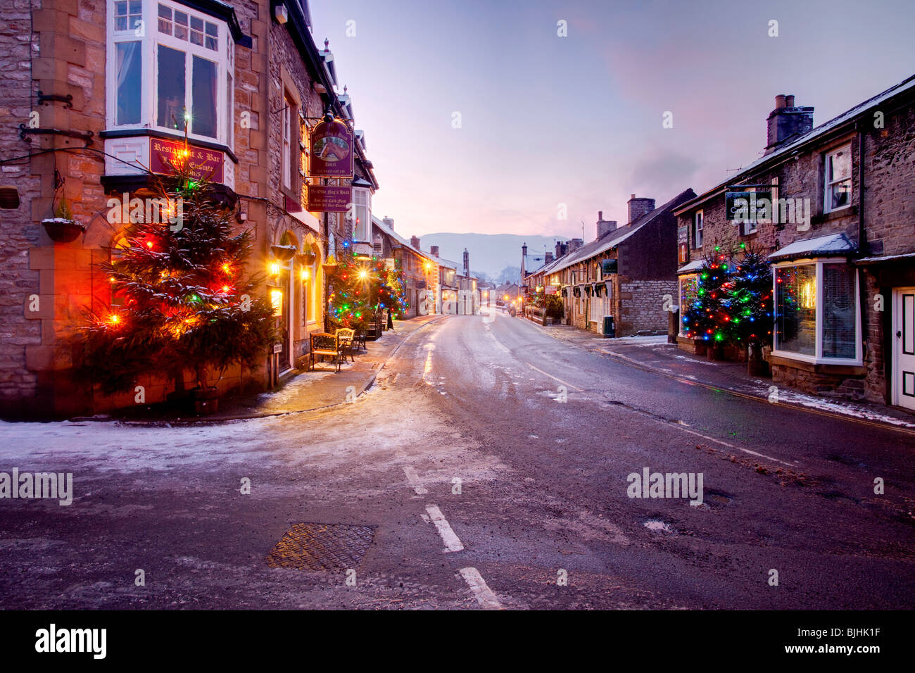 Christmas lights in Castleton at dusk in the Peak District national
