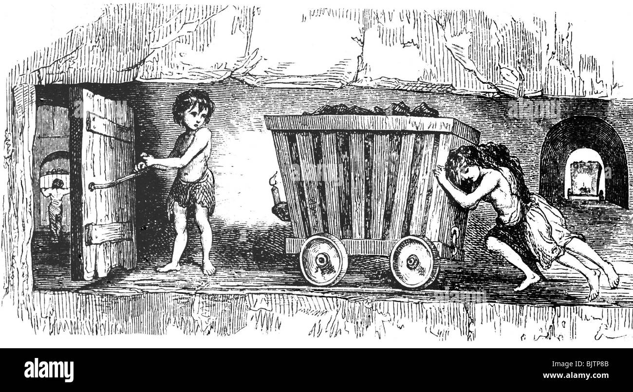 Contemporary Kids Wales Stock Photo - mining, mine, child labour in Wales, mid 19th century, contemporary illustration, historic, historical, trolley, coal mine, kids