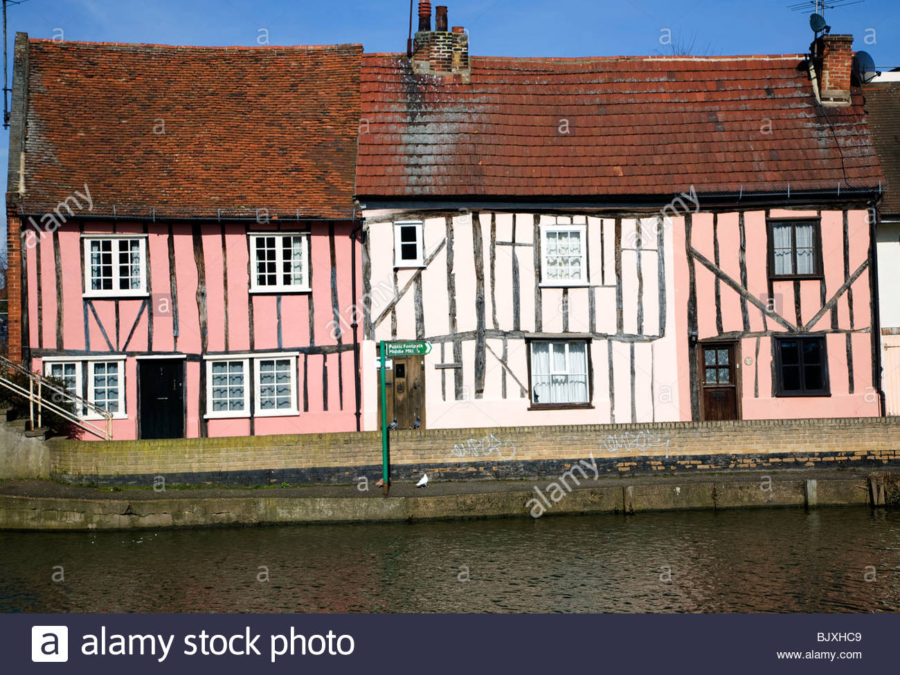 Medieval timber framed houses on River Colne riverside Colchester Stock