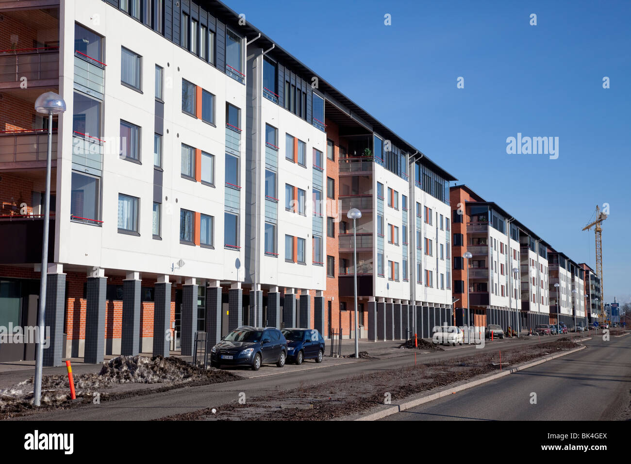 Row of brand new block of flats at Finnish suburb Oulu , Finland Stock
