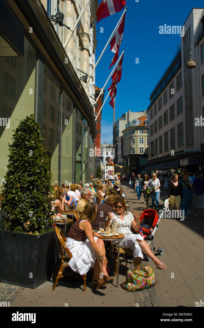Cafe terrace Stroget the main pedestrian street Copenhagen Denmark
