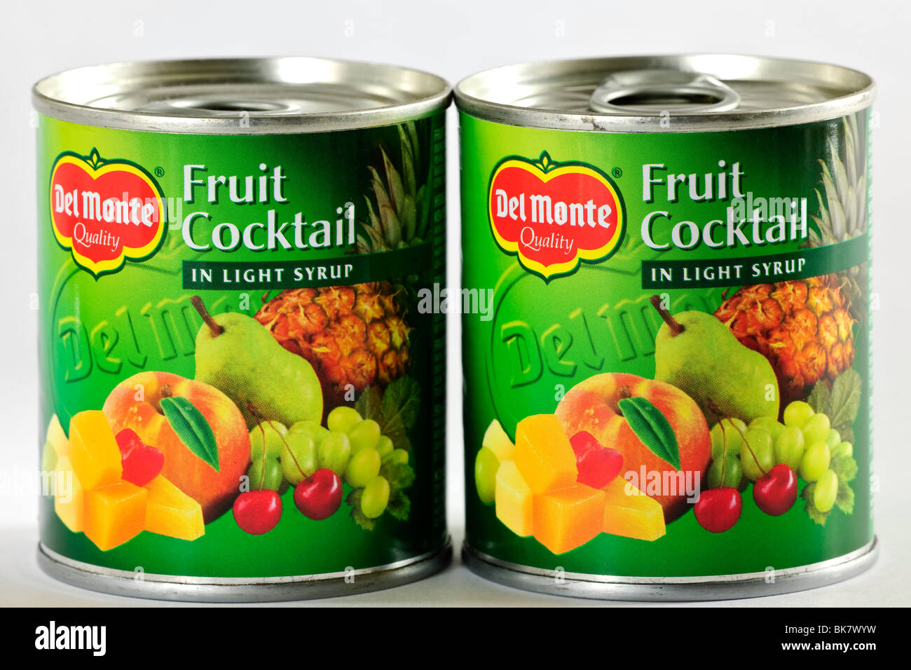 Two Tins of Del Monte fruit cocktail in light syrup Stock Photo