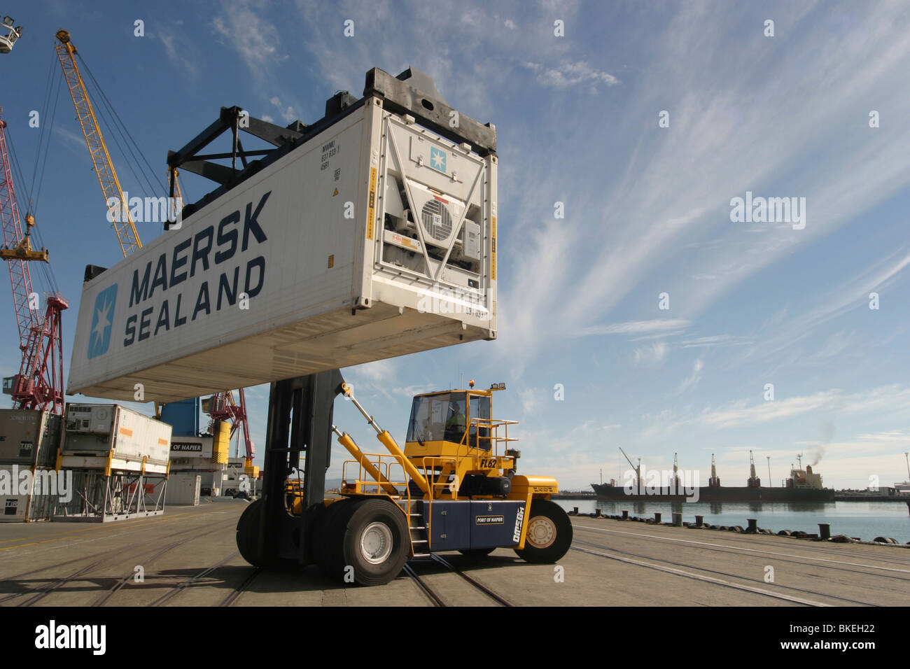 Giant forklift lifts moves Maersk container at Port of Napier new Stock