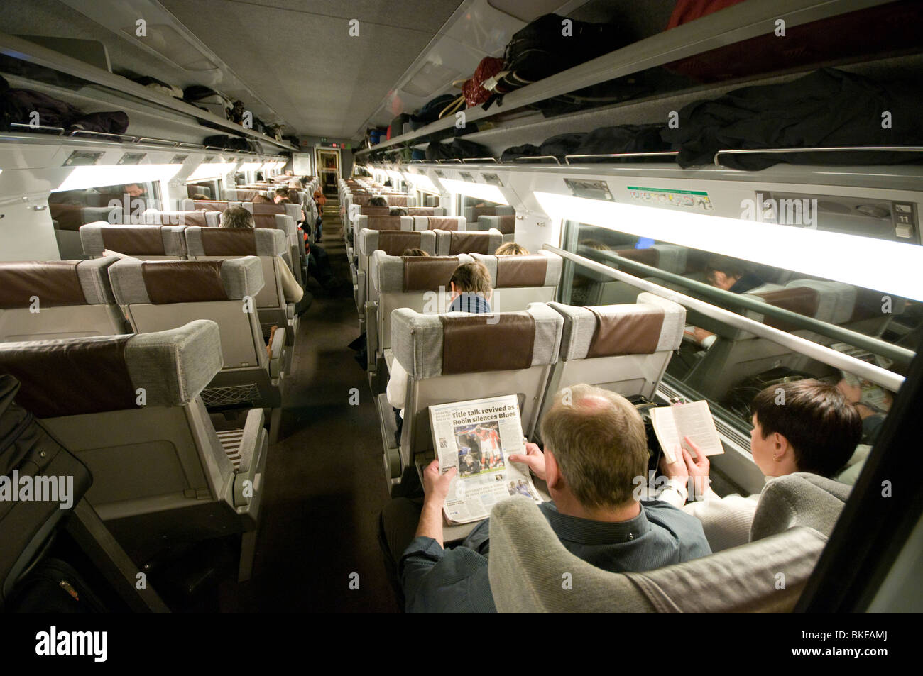 Passengers travelling on the Eurostar train inside the tunnel Stock