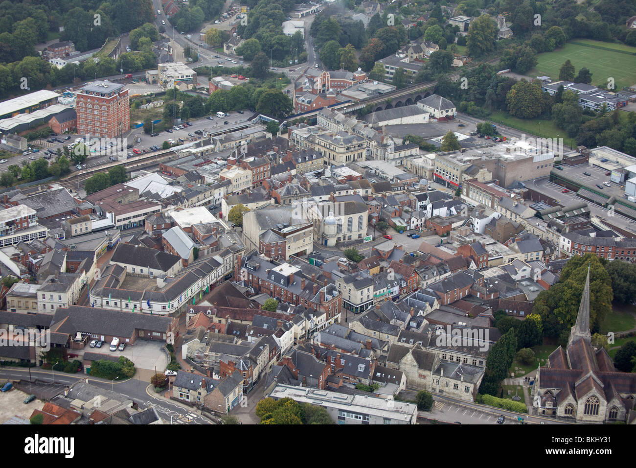 An aerial view of the town of Stroud in Gloucestershire UK including